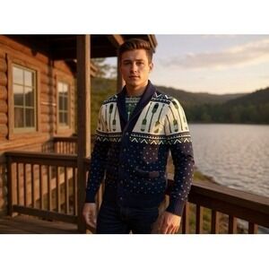Merona Men's Navy‎ Blue Oar Pattern Shawl Collar Cardigan Size S/P granola indie